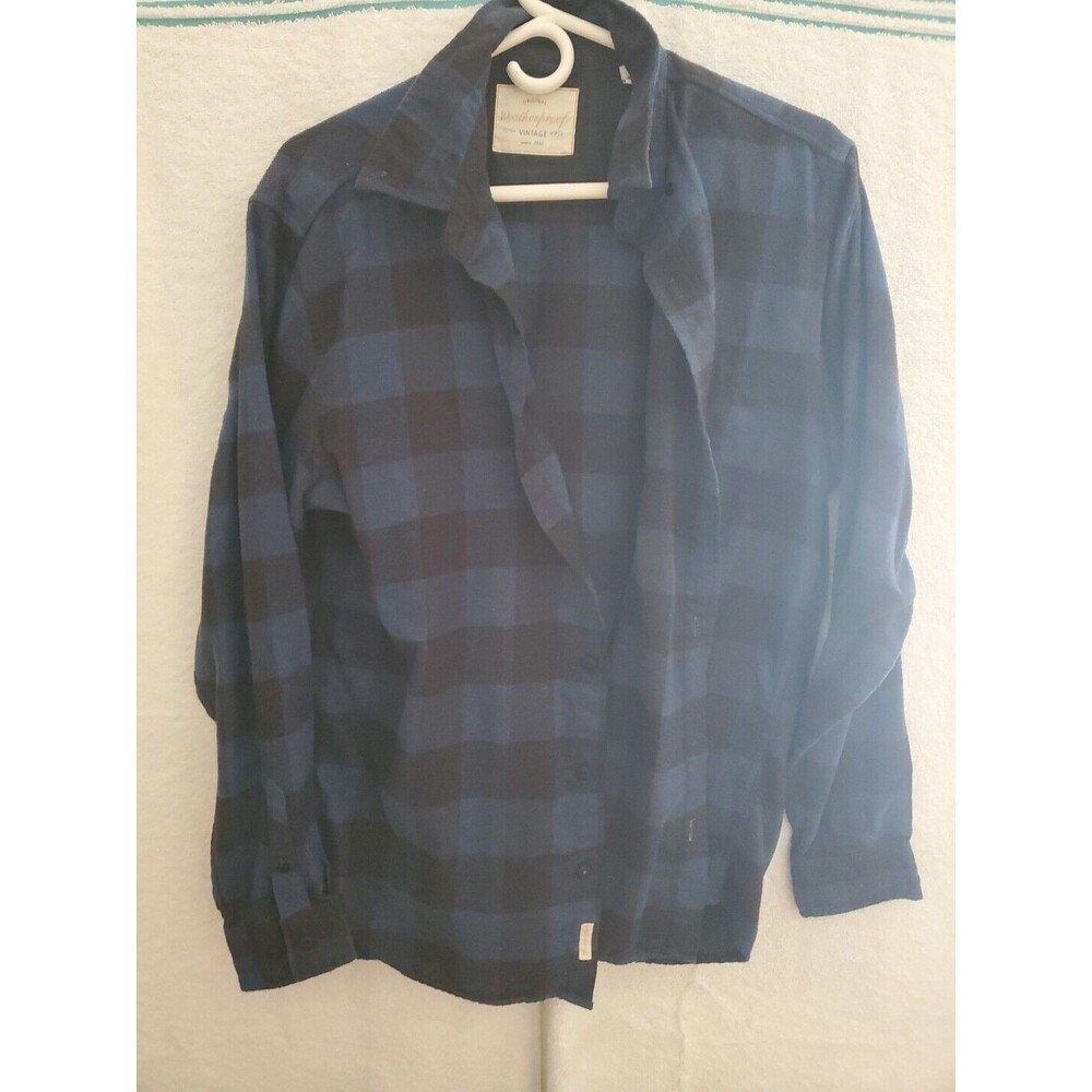 Weatherproof Vintage Mens Button Up Shirt LG Long Sleeve Blue Check Cotton Blend